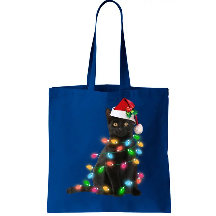 Santa Black Cat Tangled Up In Christmas Tree Lights Holiday Funny Gift Tote Bag