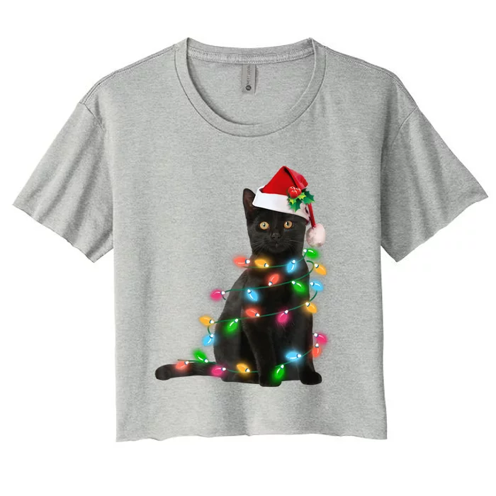 Santa Black Cat Tangled Up In Christmas Tree Lights Holiday Funny Gift Women's Crop Top Tee