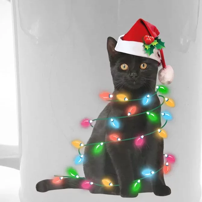 Santa Black Cat Tangled Up In Christmas Tree Lights Holiday Funny Gift Front & Back Beer Stein