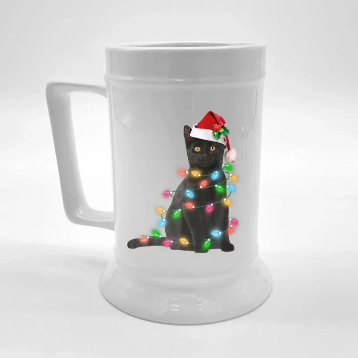 Santa Black Cat Tangled Up In Christmas Tree Lights Holiday Funny Gift Front & Back Beer Stein