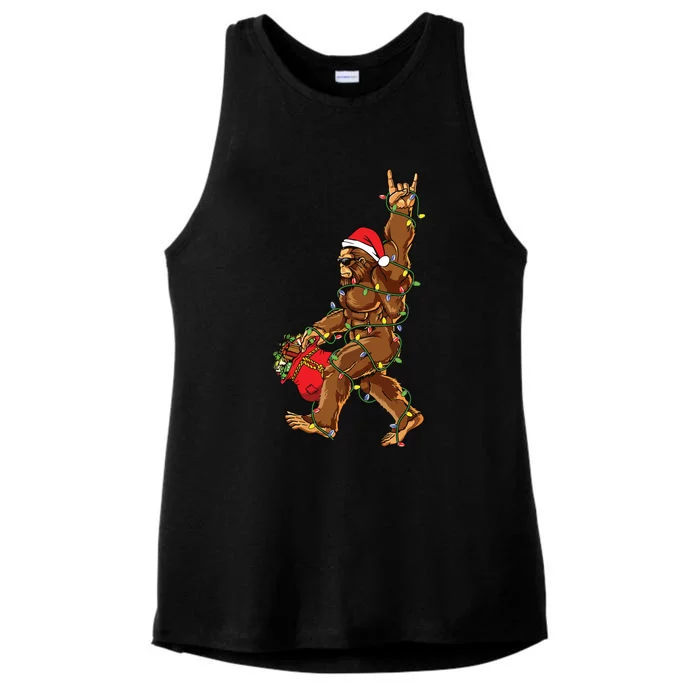 Santa Bigfoot Christmas Lights Rock Funny Sasquatch Believe Ladies Tri-Blend Wicking Tank