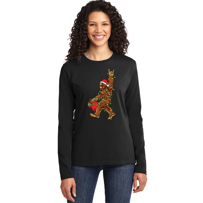 Santa Bigfoot Christmas Lights Rock Funny Sasquatch Believe Ladies Long Sleeve Shirt