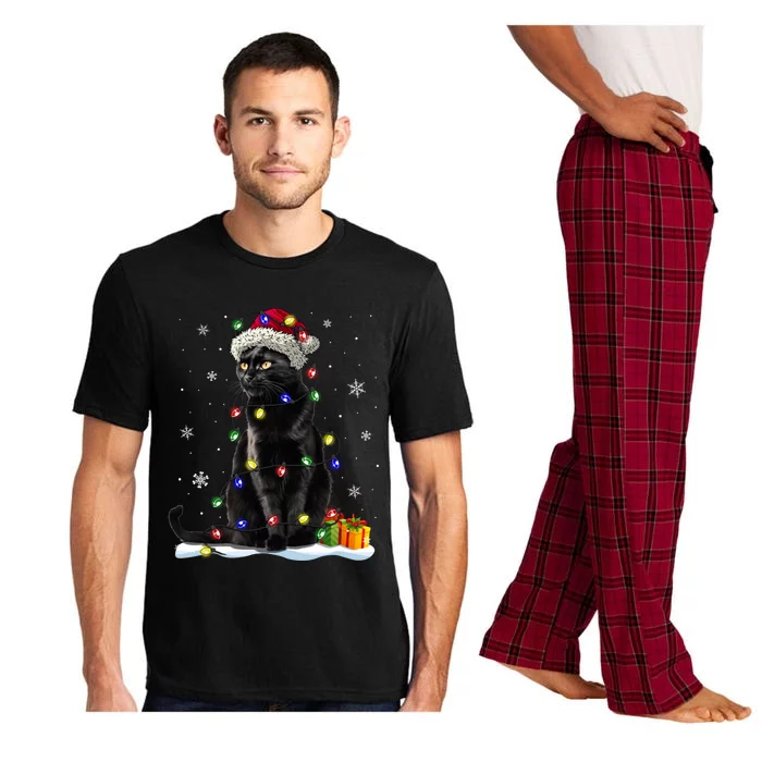 Santa Black Cat Tangled Up In Christmas Tree Lights Holiday Great Gift Pajama Set