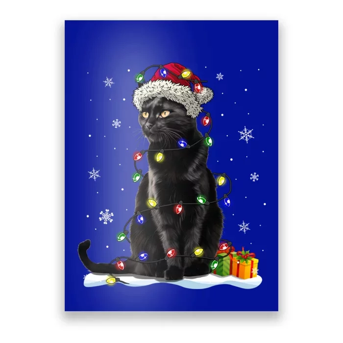 Santa Black Cat Tangled Up In Christmas Tree Lights Holiday Great Gift Poster