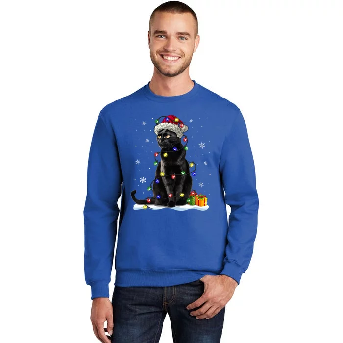 Santa Black Cat Tangled Up In Christmas Tree Lights Holiday Great Gift Tall Sweatshirt