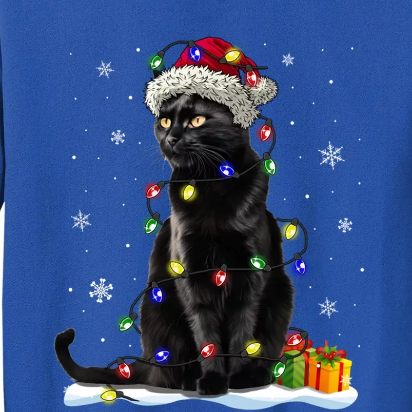 Santa Black Cat Tangled Up In Christmas Tree Lights Holiday Great Gift Tall Sweatshirt