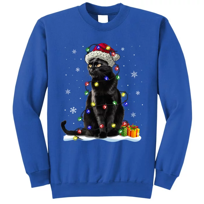 Santa Black Cat Tangled Up In Christmas Tree Lights Holiday Great Gift Tall Sweatshirt