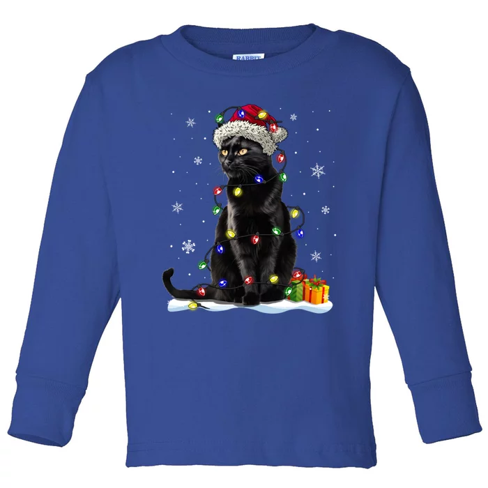 Santa Black Cat Tangled Up In Christmas Tree Lights Holiday Great Gift Toddler Long Sleeve Shirt