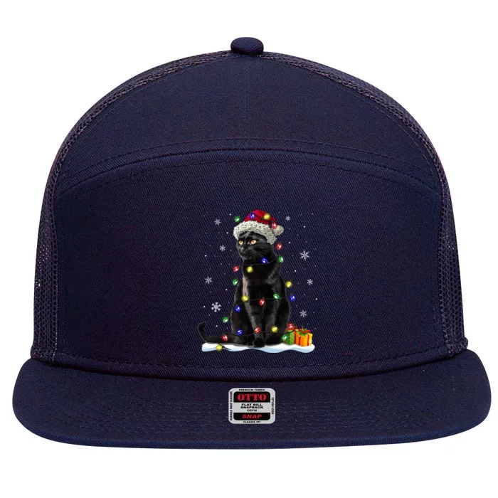 Santa Black Cat Tangled Up In Christmas Tree Lights Holiday Great Gift 7 Panel Mesh Trucker Snapback Hat