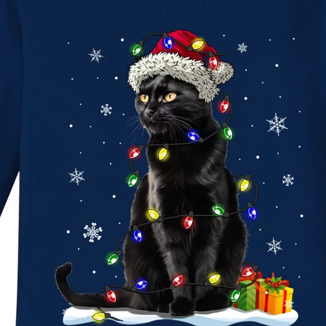 Santa Black Cat Tangled Up In Christmas Tree Lights Holiday Great Gift Baby Long Sleeve Bodysuit