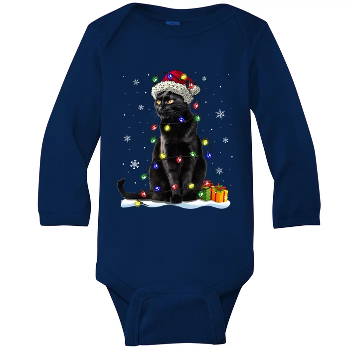 Santa Black Cat Tangled Up In Christmas Tree Lights Holiday Great Gift Baby Long Sleeve Bodysuit