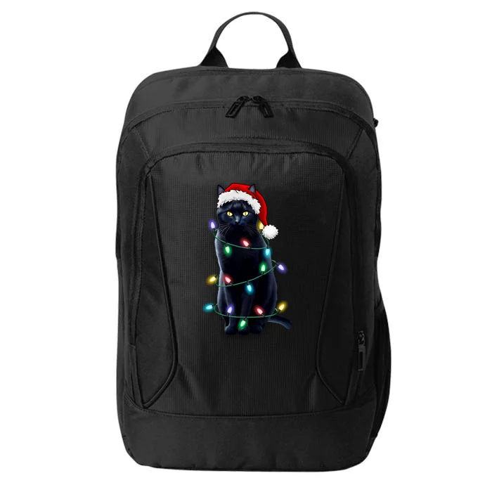 Santa Black Cat Tangled Up In Christmas Tree Lights Holiday Gift City Backpack