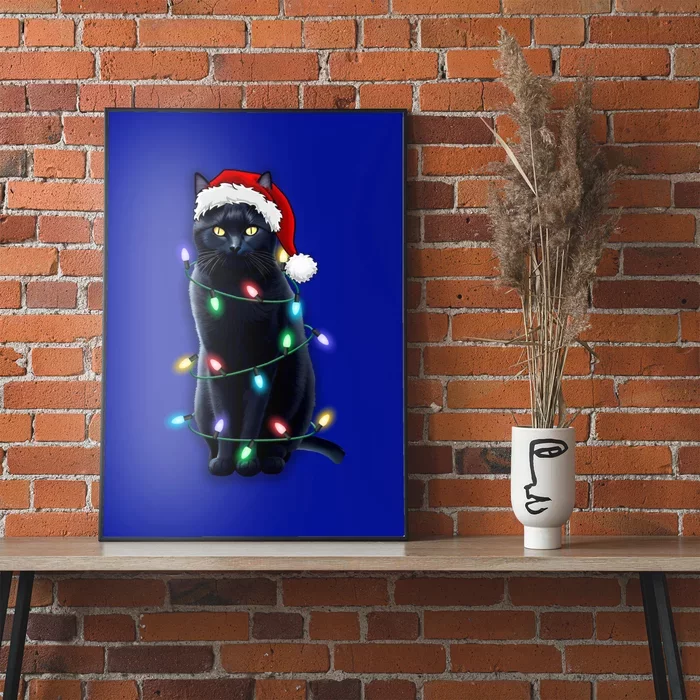 Santa Black Cat Tangled Up In Christmas Tree Lights Holiday Gift Poster