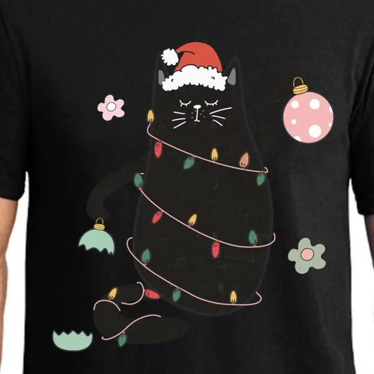 Santa Black Cat Tangled Up In Christmas Tree Lights Holiday Gift Pajama Set