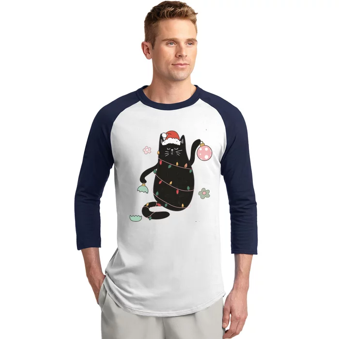 Santa Black Cat Tangled Up In Christmas Tree Lights Holiday Gift Baseball Sleeve Shirt