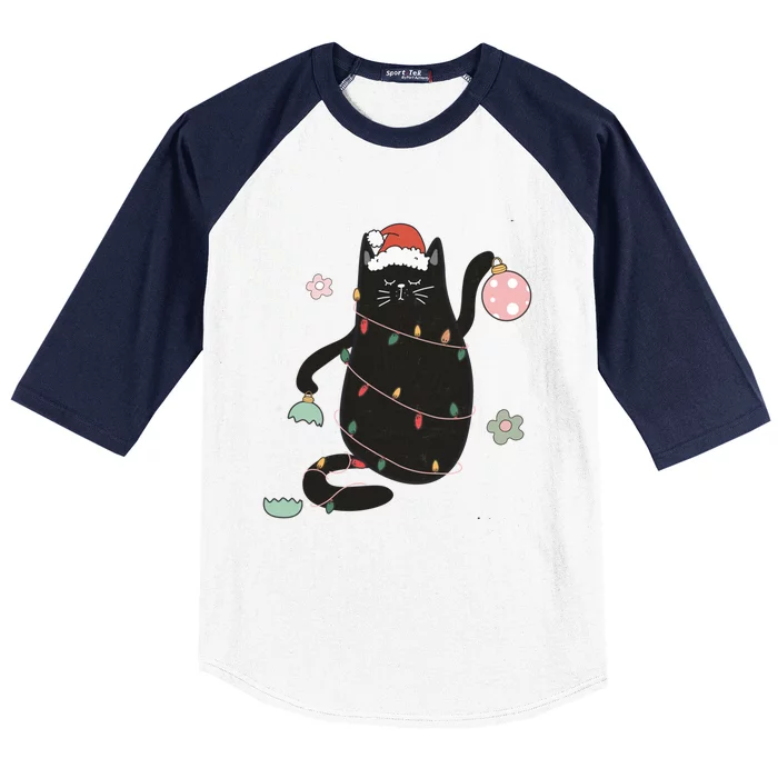 Santa Black Cat Tangled Up In Christmas Tree Lights Holiday Gift Baseball Sleeve Shirt