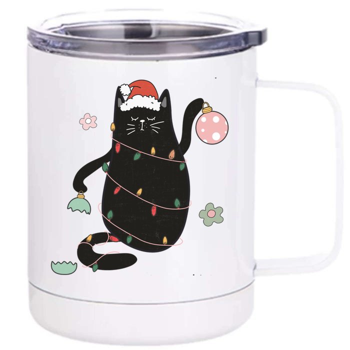 Santa Black Cat Tangled Up In Christmas Tree Lights Holiday Gift Front & Back 12oz Stainless Steel Tumbler Cup