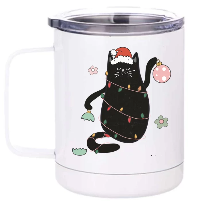 Santa Black Cat Tangled Up In Christmas Tree Lights Holiday Gift Front & Back 12oz Stainless Steel Tumbler Cup