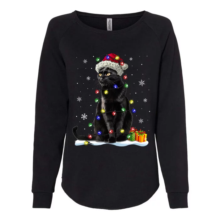 Santa Black Cat Tangled Up In Christmas Tree Lights Holiday Gift Womens California Wash Sweatshirt