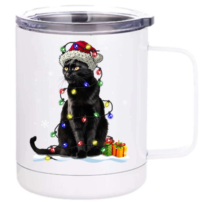 Santa Black Cat Tangled Up In Christmas Tree Lights Holiday Gift Front & Back 12oz Stainless Steel Tumbler Cup