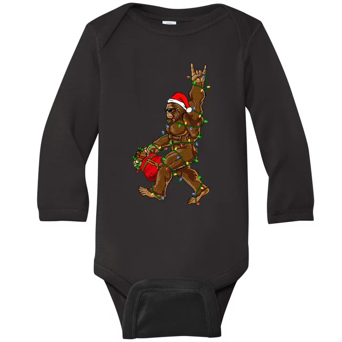 Santa Bigfoot Christmas Lights Rock Funny Sasquatch Believe Baby Long Sleeve Bodysuit