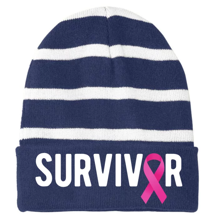 Survivor Breast Cancer Awareness Ribbon Striped Beanie with Solid Band