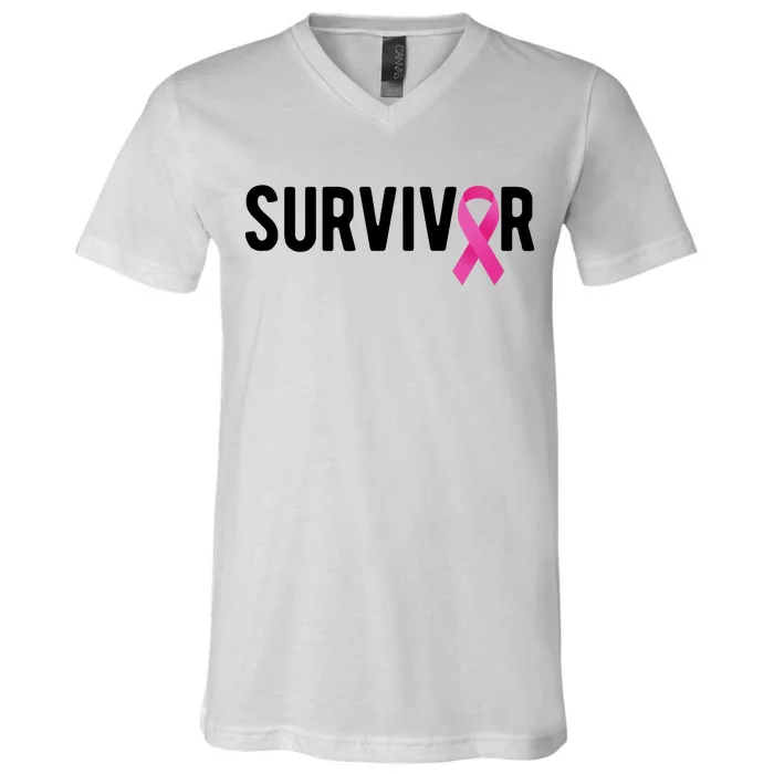 Survivor Breast Cancer Awareness Ribbon V-Neck T-Shirt