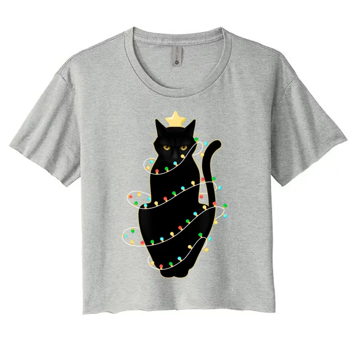 Santa Black Cat Tangled Up In Christmas Tree Lights Holiday Cool Gift Women's Crop Top Tee