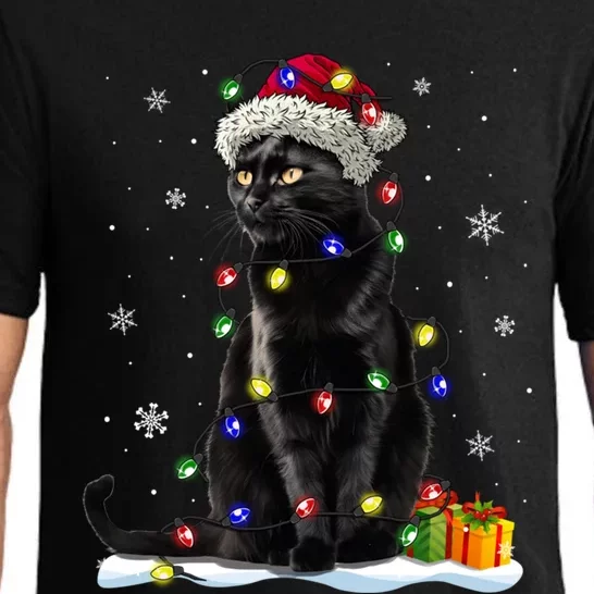 Santa Black Cat Tangled Up In Christmas Tree Lights Holiday Gift Pajama Set