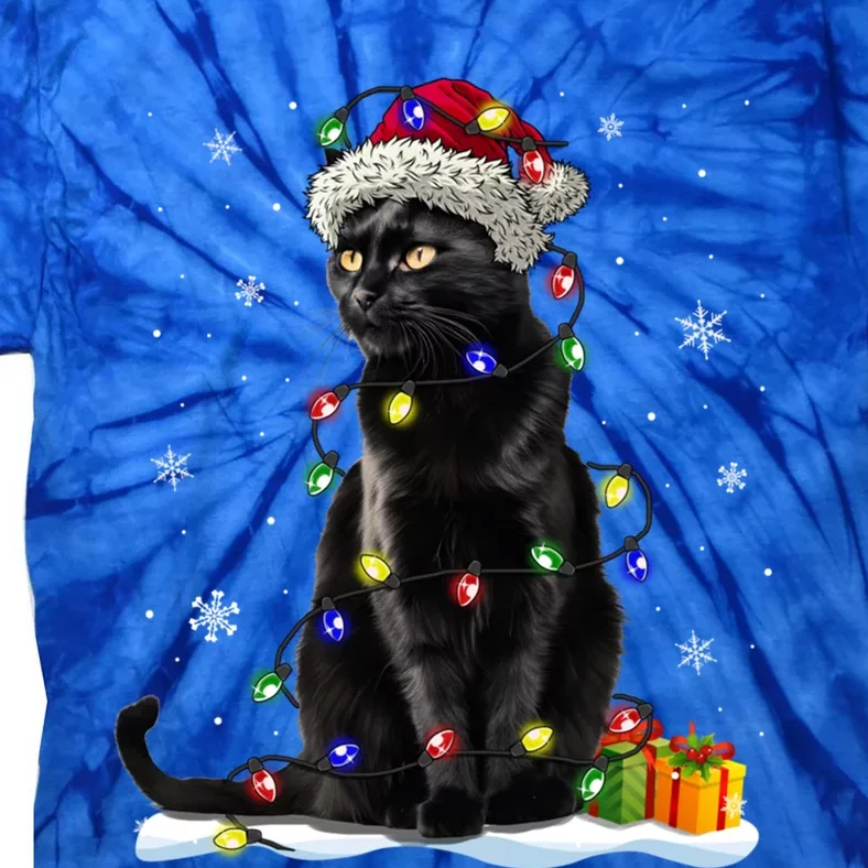 Santa Black Cat Tangled Up In Christmas Tree Lights Holiday Gift Tie-Dye T-Shirt