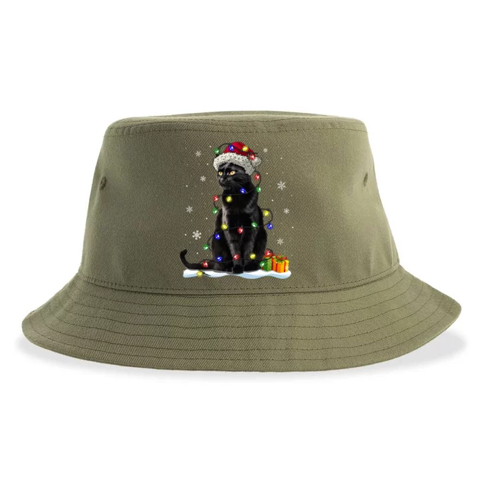 Santa Black Cat Tangled Up In Christmas Tree Lights Holiday Gift Sustainable Bucket Hat