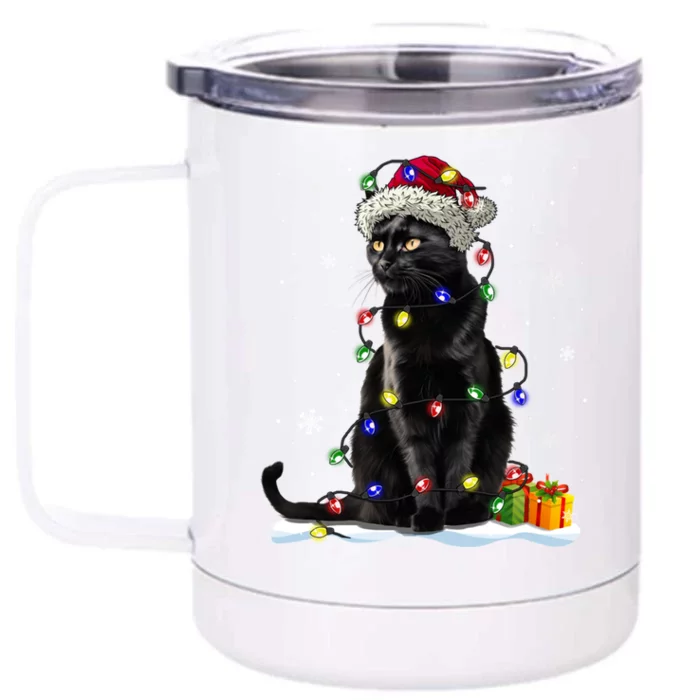 Santa Black Cat Tangled Up In Christmas Tree Lights Holiday Gift Front & Back 12oz Stainless Steel Tumbler Cup