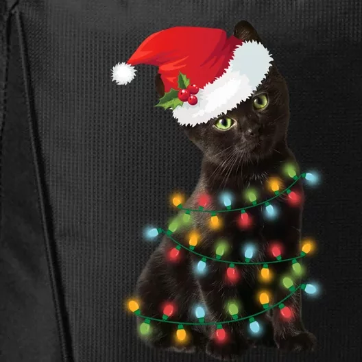 Santa Black Cat Tangled Up In Christmas Tree Lights Holiday Gift City Backpack