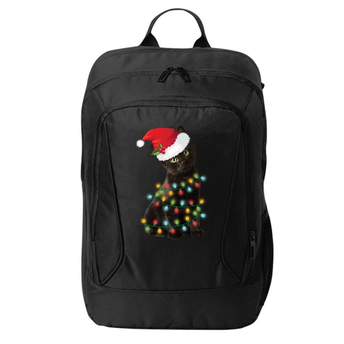 Santa Black Cat Tangled Up In Christmas Tree Lights Holiday Gift City Backpack