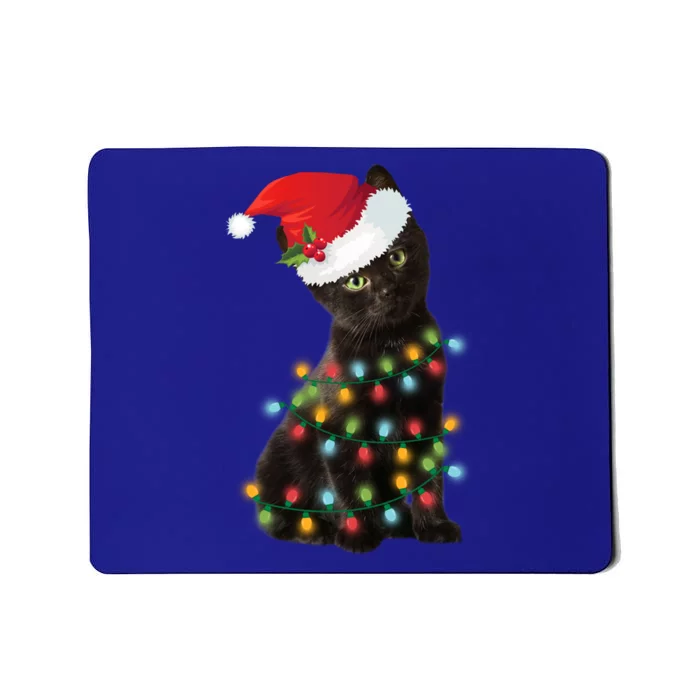 Santa Black Cat Tangled Up In Christmas Tree Lights Holiday Gift Mousepad