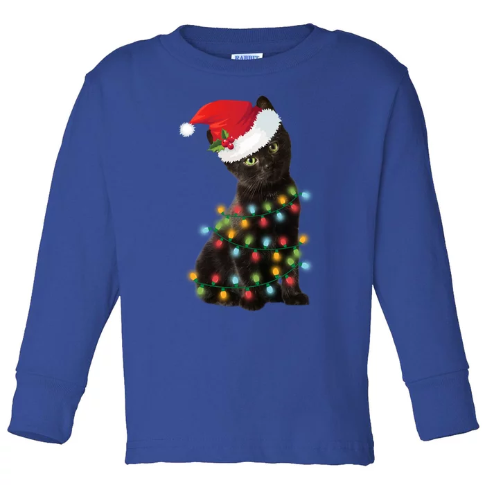 Santa Black Cat Tangled Up In Christmas Tree Lights Holiday Gift Toddler Long Sleeve Shirt