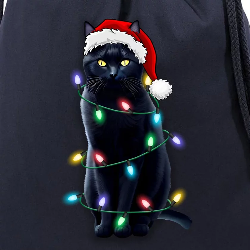 Santa Black Cat Tangled Up In Christmas Tree Lights Holiday Gift Drawstring Bag