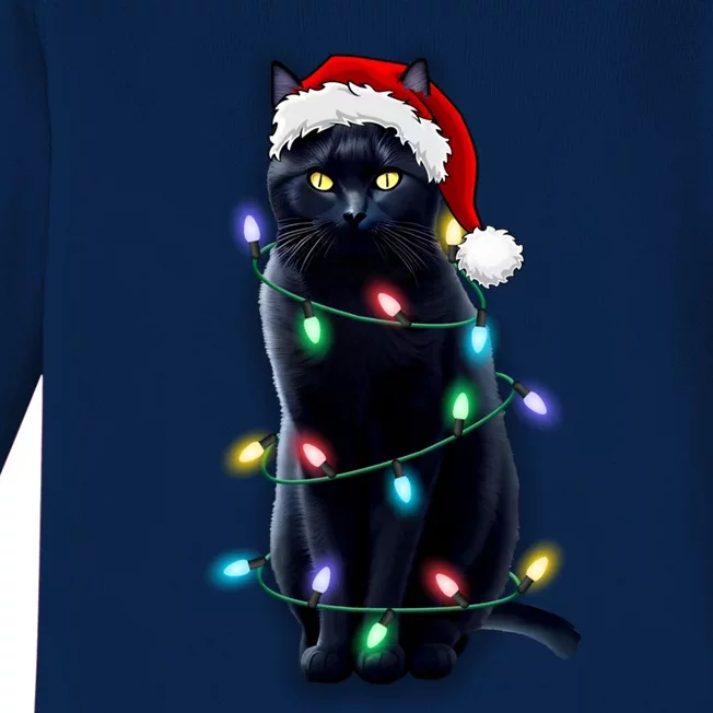 Santa Black Cat Tangled Up In Christmas Tree Lights Holiday Gift Baby Long Sleeve Bodysuit