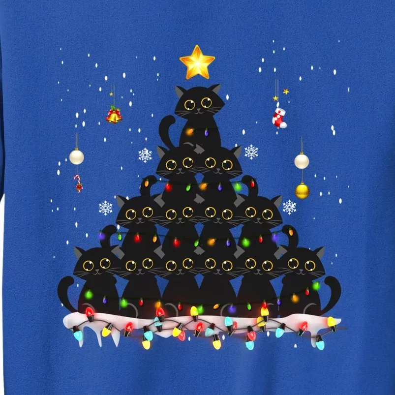 Santa Black Cat Tangled Up In Christmas Tree Lights Holiday Gift Tall Sweatshirt