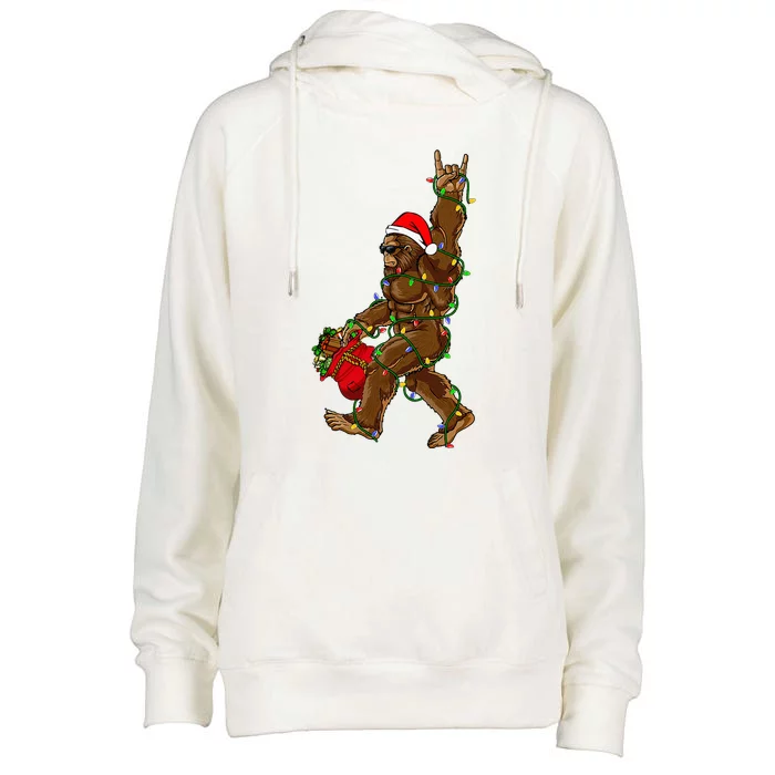 Santa Bigfoot Christmas Lights Rock Funny Sasquatch Believe Womens Funnel Neck Pullover Hood