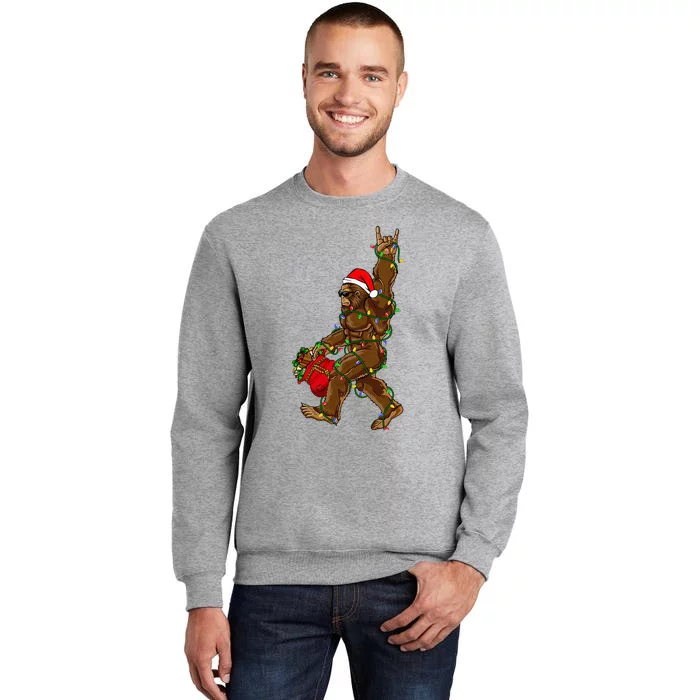 Santa Bigfoot Christmas Lights Rock Funny Sasquatch Believe Tall Sweatshirt