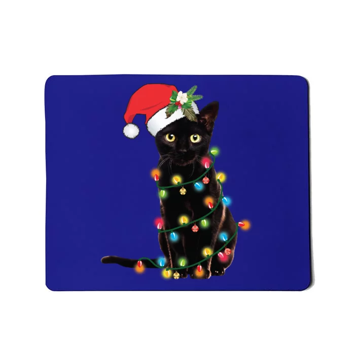 Santa Black Cat Tangled Up In Christmas Tree Lights Holiday Gift Mousepad