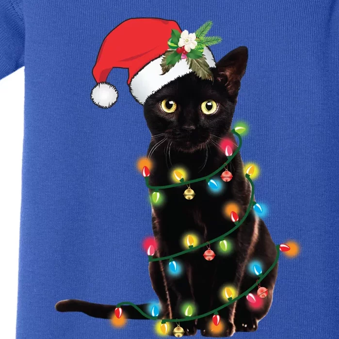 Santa Black Cat Tangled Up In Christmas Tree Lights Holiday Gift Baby Bodysuit