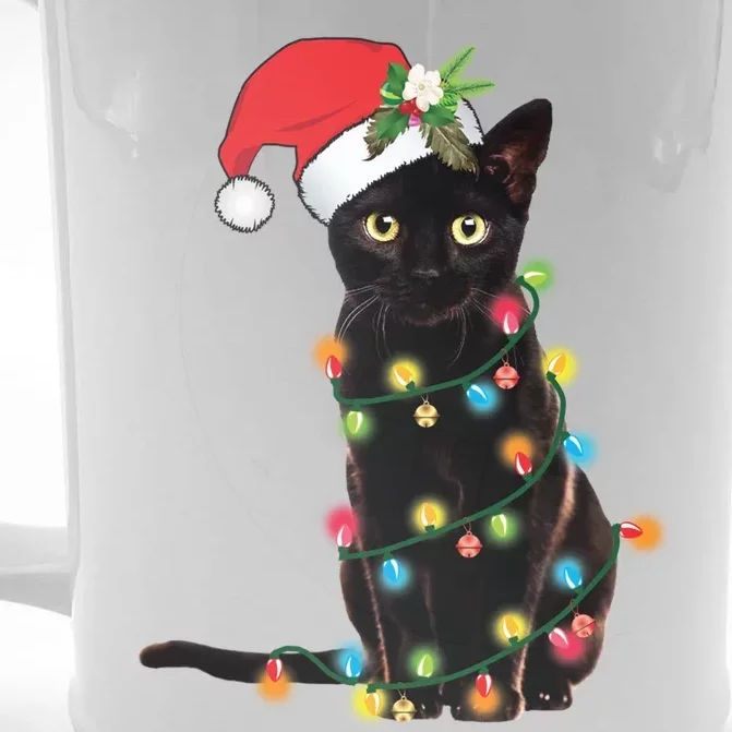 Santa Black Cat Tangled Up In Christmas Tree Lights Holiday Gift Front & Back Beer Stein