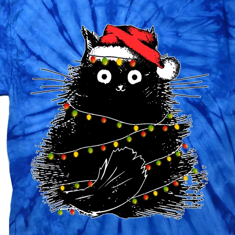 Santa Black Cat Tangled Up In Christmas Tree Lights Holiday Gift Tie-Dye T-Shirt