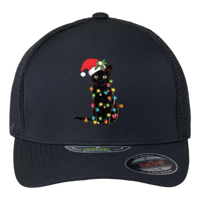 Santa Black Cat Tangled Up In Christmas Tree Lights Holiday Gift Flexfit Unipanel Trucker Cap