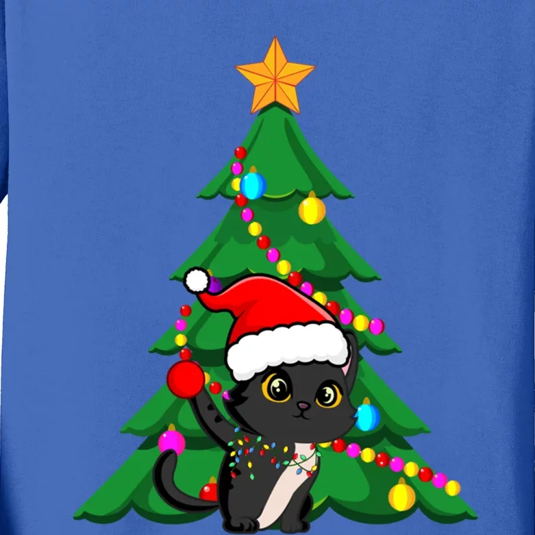 Santa Black Cat Christmas Light Cat Love Xmas Cool Gift Kids Long Sleeve Shirt