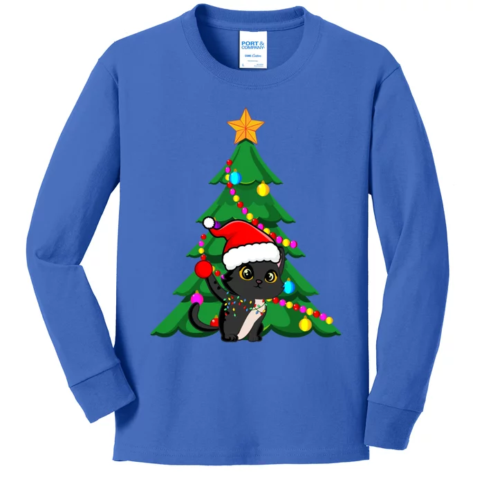 Santa Black Cat Christmas Light Cat Love Xmas Cool Gift Kids Long Sleeve Shirt