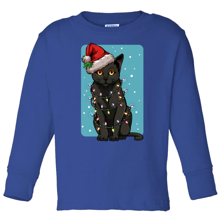 Santa Black Cat Christmas Tree Lights Animal Kitty Kitten Gift Toddler Long Sleeve Shirt