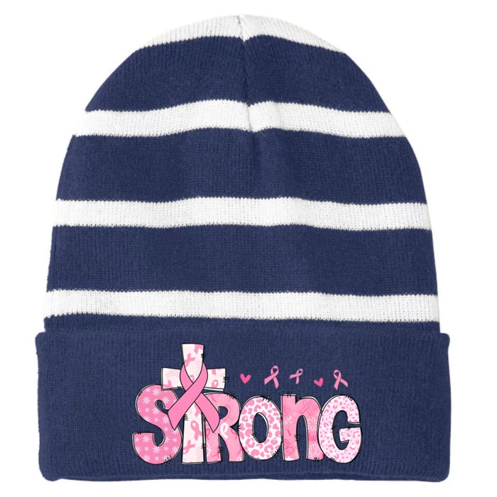 Strong Breast Cancer Awareness Month Striped Beanie with Solid Band